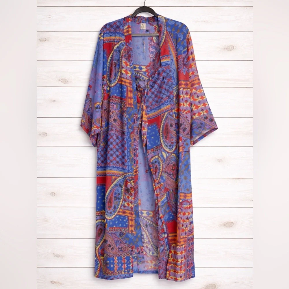 Raj Eva Paisley Mosaic Print Duster OS & Drawstring Pant Set; Size Large~NWT - Picture 6 of 16